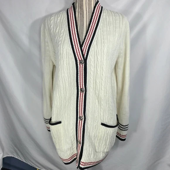 Tommy Hilfiger White w/Red White Blue Edges VNeck Cable Knit Cardigan Size Large