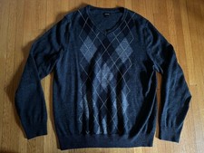 Apt 9 Gray  Black Argyle Merino Wool Blend V-Neck Sweater, Size XL