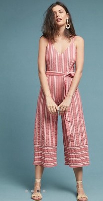 Anthropologie Ett Twa Robin Seersucker Wide Leg Jumpsuit Red White Stripe Size S