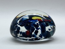 Murano Millefiori Confetti Hand Blown Glass Paperweight 4.25" Diameter Blues Red