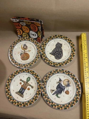 Debbie Mumm Plates Halloween Set of 4 (2001) Witch Cat Frankenstein VTG Country*