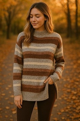 Universal Thread Small Brown Striped Fuzzy Tunic Pullover Sweater Women s