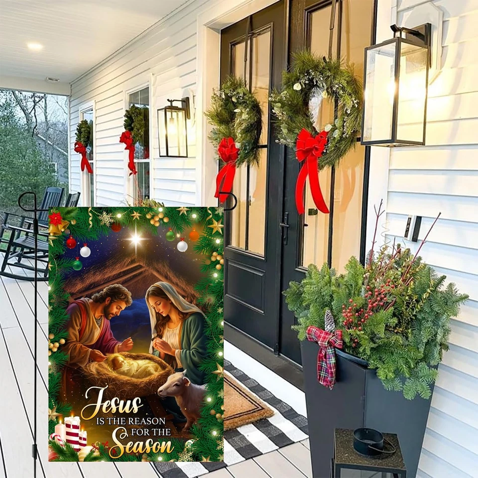 Jesús es la razón de la temporada belén religioso cristiano bandera de Navidad - Foto 3 de 4