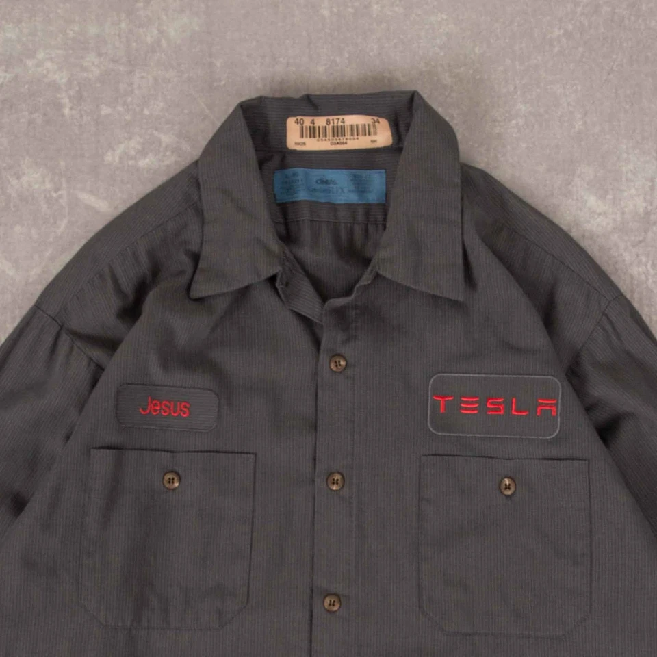 Camisa de trabajo recortada Tesla vintage L para hombre gris coche Foto 3 de 4
