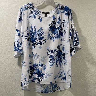 ELLEN TRACY Linen Blend Short Sleeve Grommet Trim Floral White/Royal Women L NEW