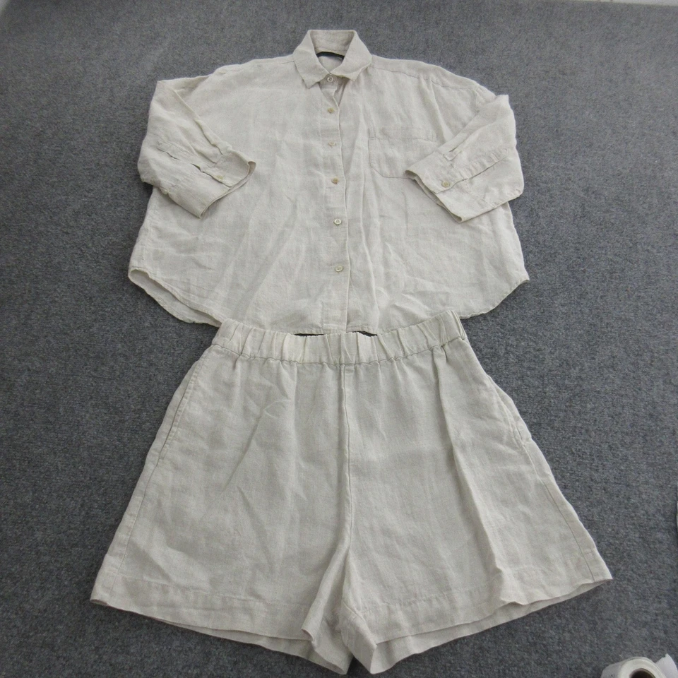 Conjunto Camisa Pantalones Cortos Jenni Kayne Lino Mujer Pequeña Beige Dos Piezas Cintura Elástica Foto 2 de 4