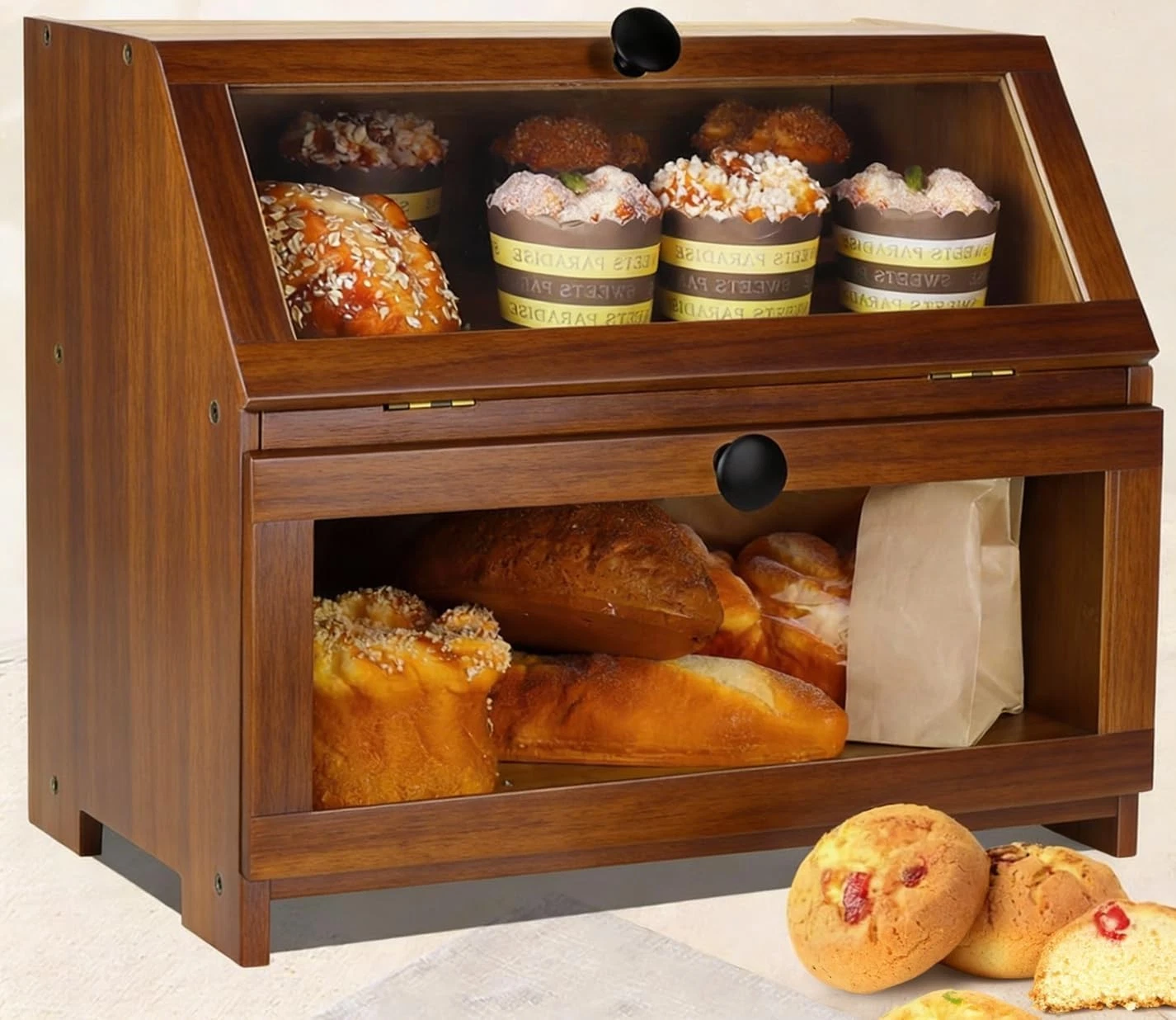 Bamboo Bread Box Kitchen Countertop Large Bread Storage Container Bin 2 Layer