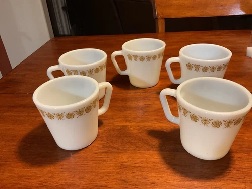 5 VINTAGE PYREX BUTTERFLY GOLD D-HANDLE COFFEE MUGS CUPS EUC Made in USA