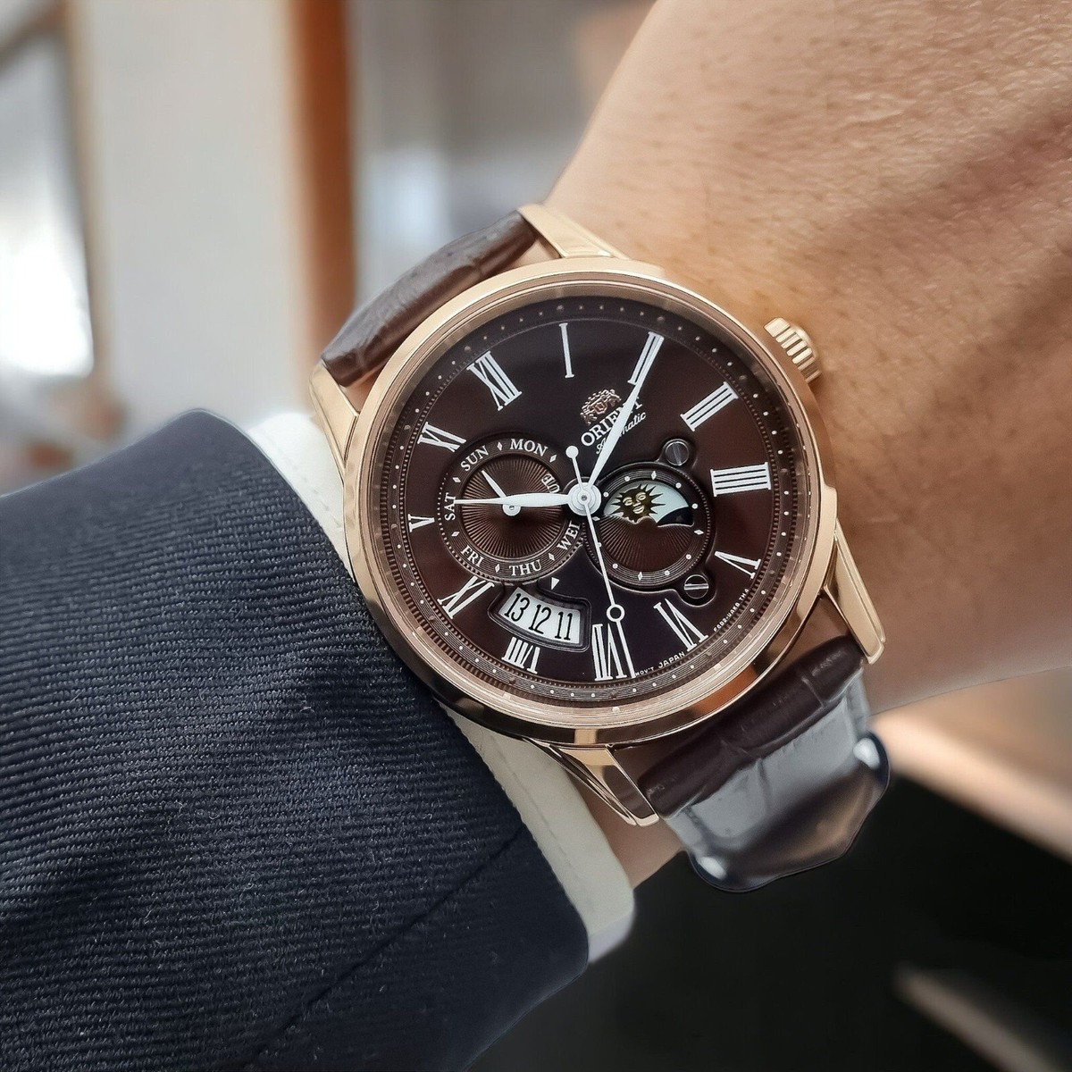 Orient Sun and Moon Automatic Brown Dial Leather Strap Men's Watch