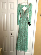 NWT 400 LA FEMME EMBELLISHED BEADED LACE SHEER BODICE MERMAID TEAL GOWN DRESS 4