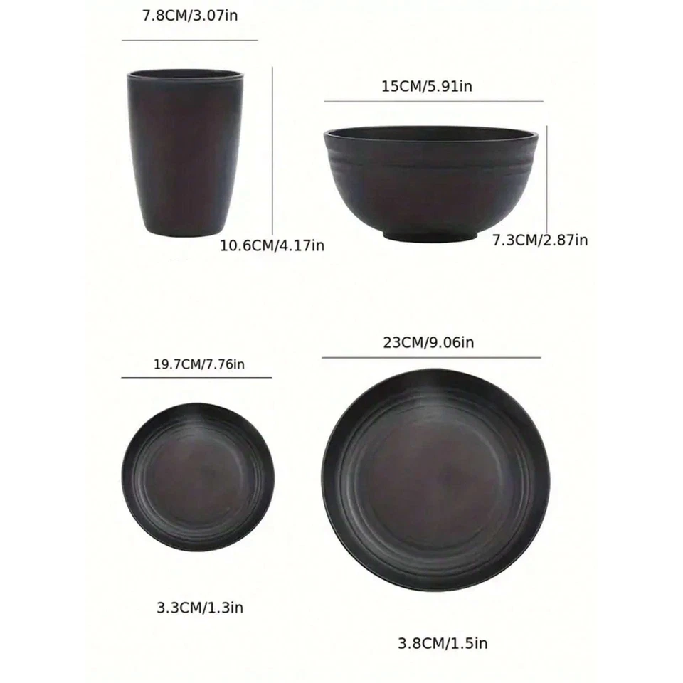 Juego de cubiertos de plástico negro y platos reutilizables, cuencos, tazas - 4/16/32 piezas para lote Foto 2 de 4