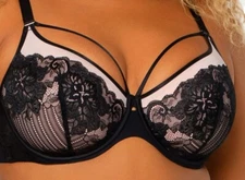 Curvy Couture Tulip Strappy Lace Bra 40G Romantic Black Lace & Pink Lining NWOT