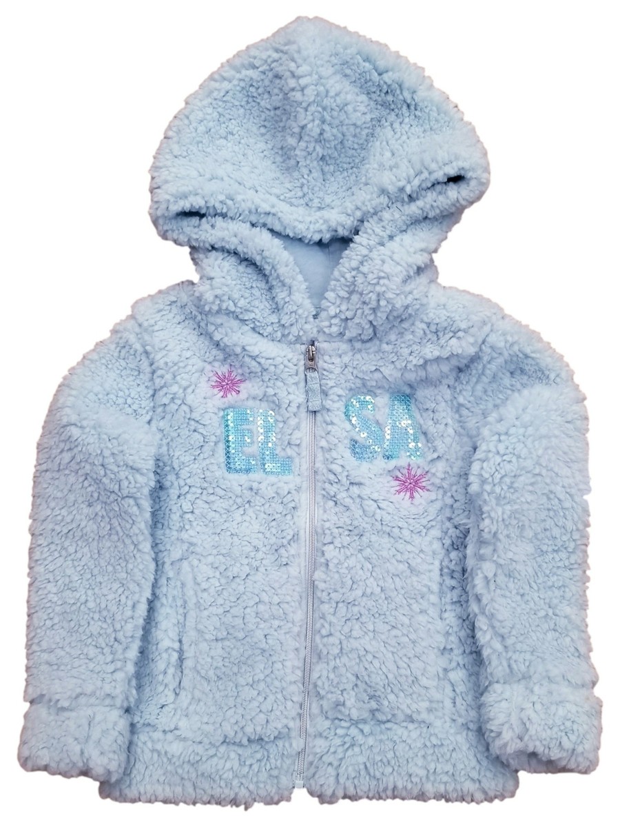 Disney Frozen Girls Elsa Icy Blue Faux Fur Zip Up Hoodie Sweatshirt