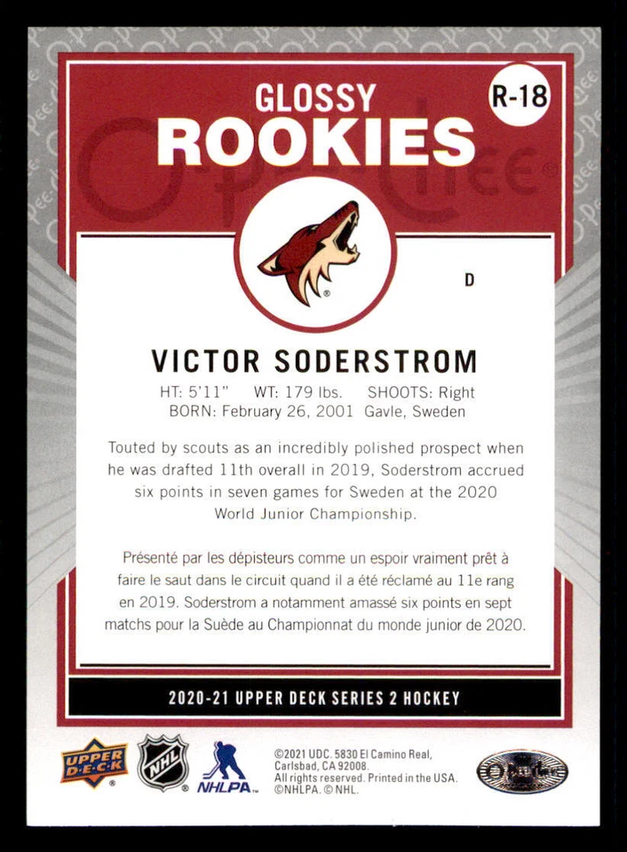 2020-21 Upper Deck OPC Glossy Rookies #R18 Victor Soderstrom - Image 2 of 2
