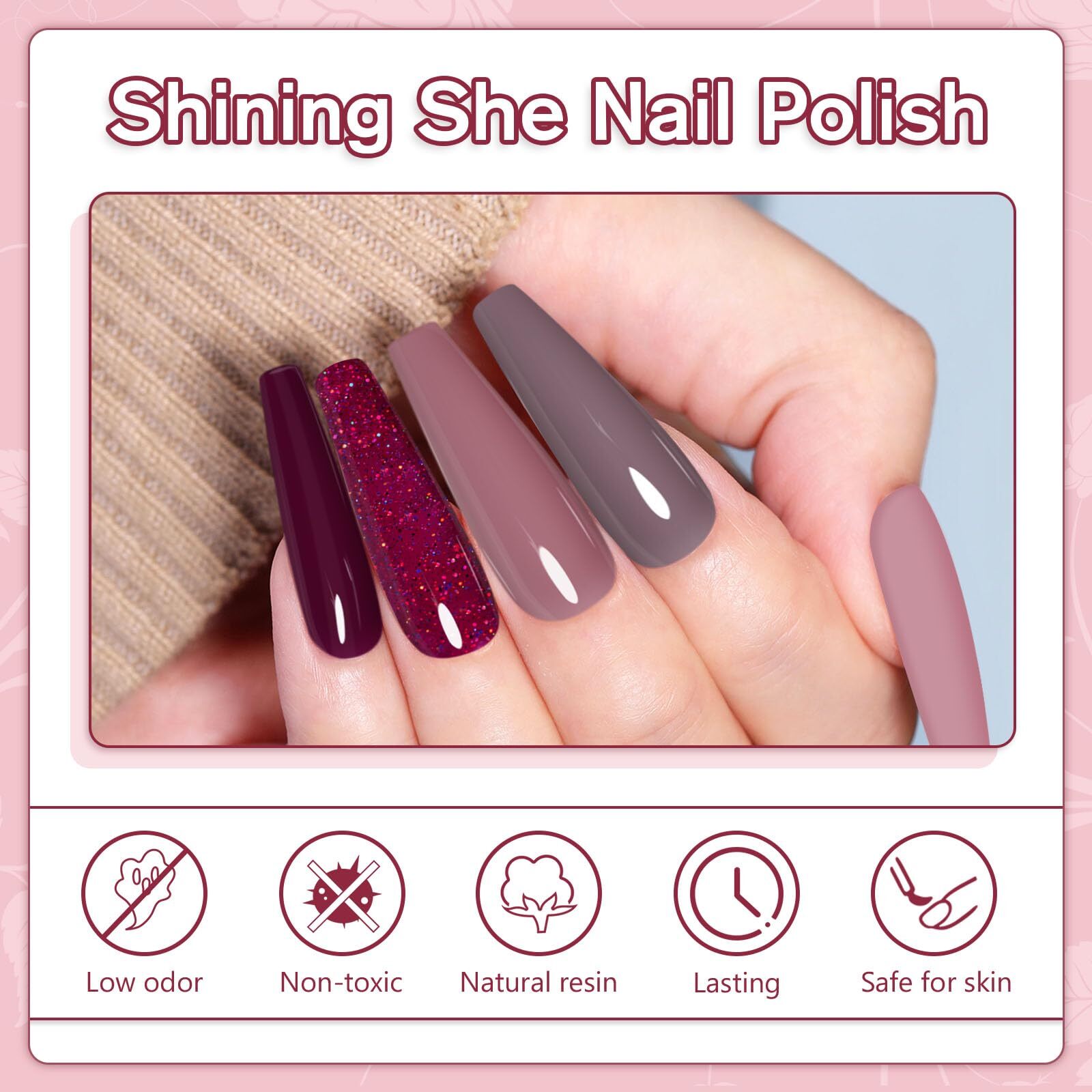 Shining She Nail Polishes 6 Colours Purple Rose Brown Glitter Gel