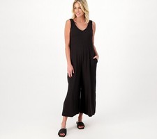Cuddl Duds Regular Wide Leg Flexwear v-Neck Jumpsuit-Black-XS-NEW-A587647