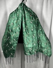 100 Pure Silk Scarf/Wrap Green Floral Embroidery 60" w/o fringe x 25" 4" Fringe