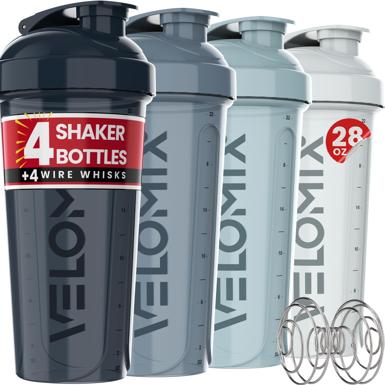 VELOMIX -4 PACK- 28 oz Shaker Cups for Protein Shakes - 4x W