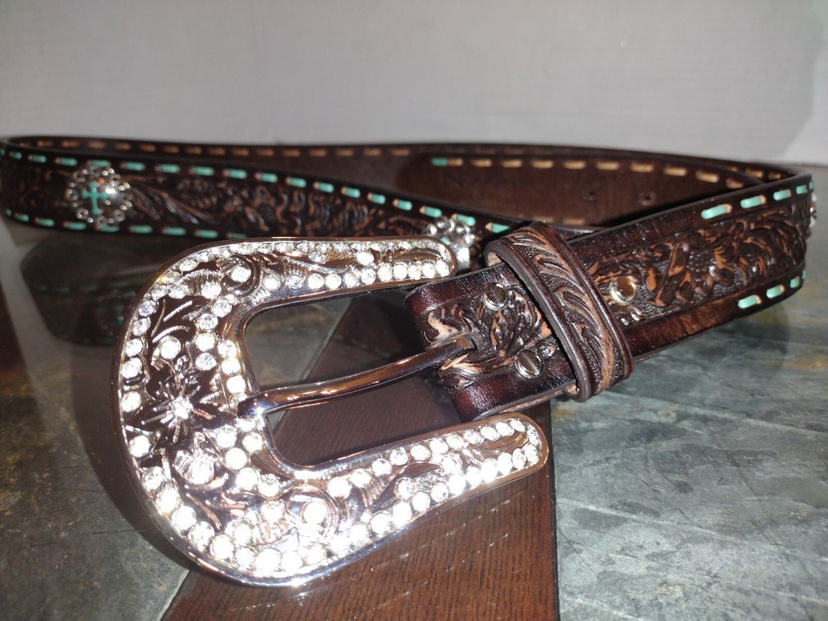Nocona Belt Western Turquoise Tooled Leather Silver Cross Western Size Large Nocona Belt Womens Large 47.5 main image 4
