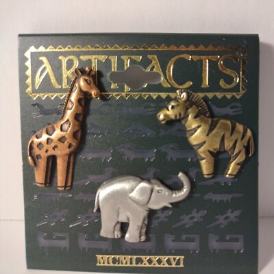 Giraffe Zebra Elephant Silver Bronze & Gold Tone Pins Three Artifacts Animals