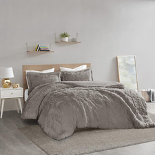 Malea Shaggy Duvet with Quilted Box Design, Long Faux Fur Comforter Cover Cozy B