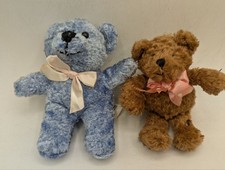 Mini Teddy Bear Plush Lot of 2 Blue  Brown Bears with Bows 6" - EB19
