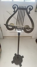 Vtg Brass Sheet Music Stand Ornate Adjustable Lyre Harp Shape Footed 39" - 56"