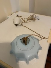 Vintage French Rise and Fall Ceiling Light Fitting with Powder Blue Fluted Shade