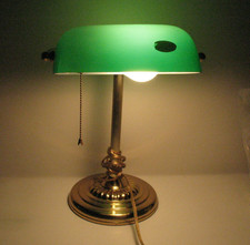 Banker/Library Style Desk Lamp Hand Blown Green Glass  Gold Pull Switch