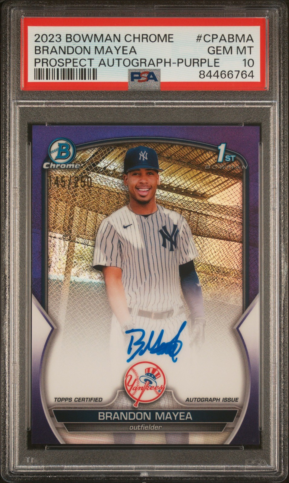 Brandon Mayea 2023 Bowman Chrome 1st Purple Refractor Auto /250 PSA 10 Yankees