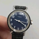 Vtg 1977 Timex Mechanical Mercury  Womens Blue Dial White Lettering Lizard Band