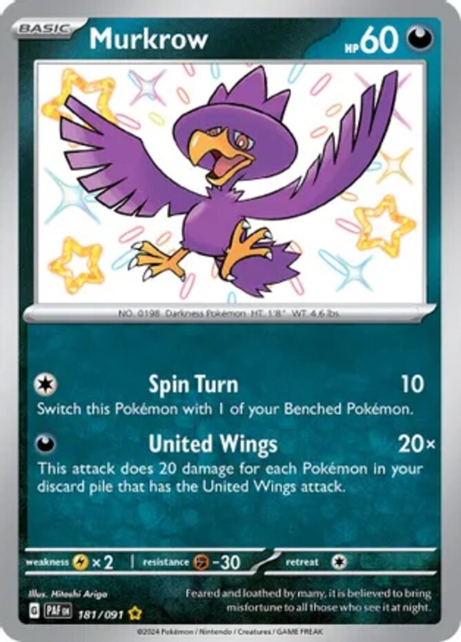 Murkrow - 181/091 - Shiny Rare - NM - Paldean Fates