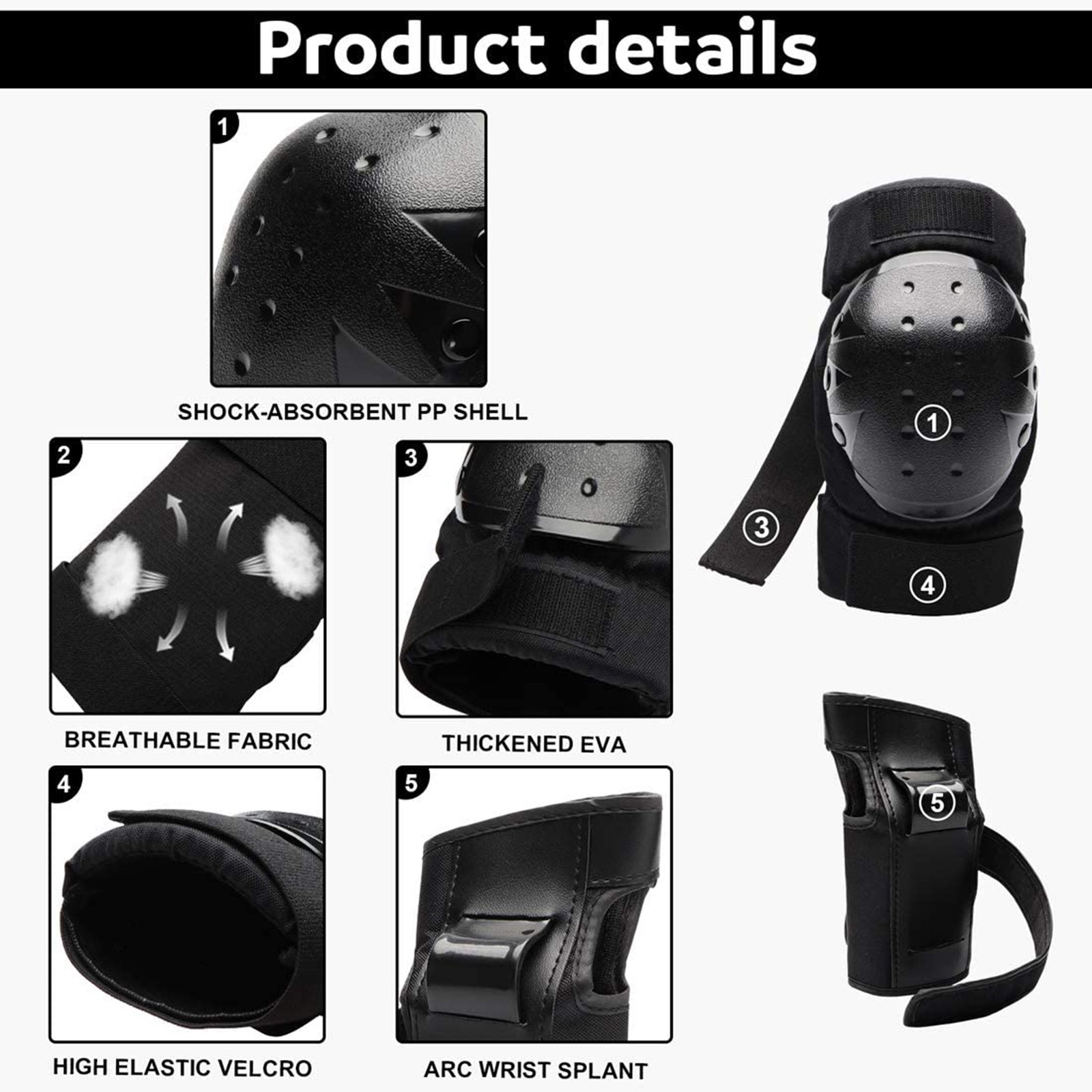 6Pcs/Set 2 Wrist Guards + 2 Elbow Pads + 2 Knee Pads Thicken Shell Impact Resist