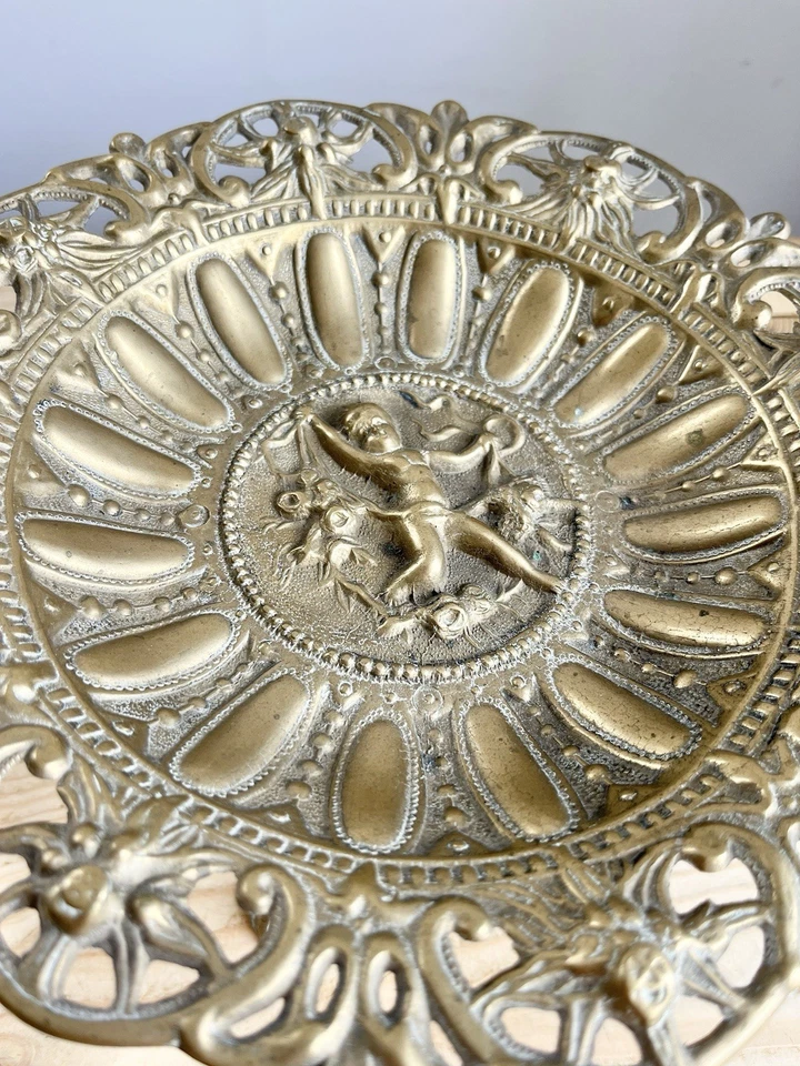 Vintage Antique Baroque Italian Brass Cherub Pedestal, Epergne, Fruit Bowl, Gold - Image 2 of 4