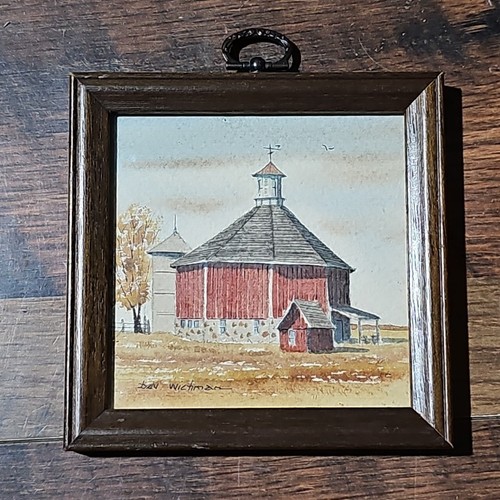 Signed Bev Wichman Framed Painting Farm Silo 4.5in X 4.5in Wall Collage