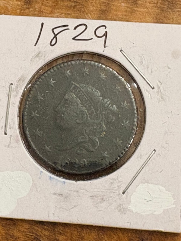 1829  coronet head Large Cent, large letters