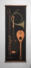 Vintage Ross Littell MCM Linen Wall Hanging Art Musical Instruments Mandolin 46"