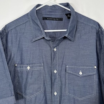 Sean John Slim Fit Short Sleeve Button Up Shirt Mens XXL 2XL Blue Double Pocket