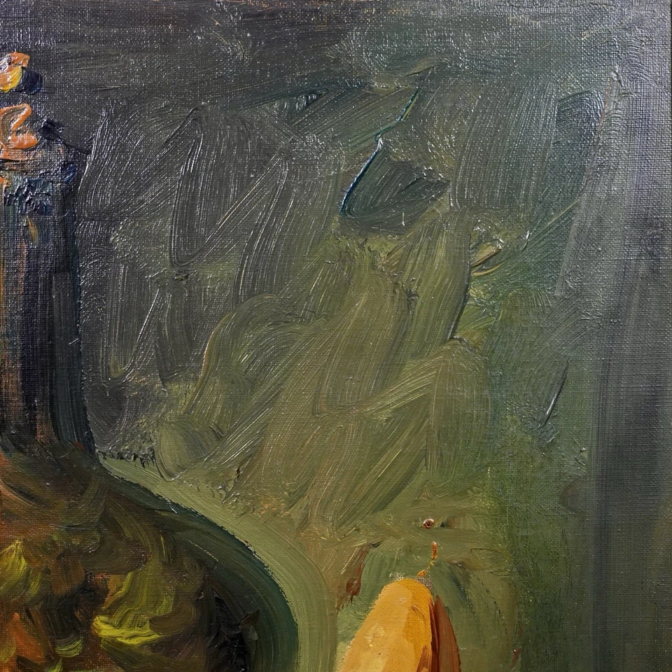 Pintura a óleo vintage emoldurada assinada natureza morta sobre tela “frutas e um jarro” - Imagem 4 de 4