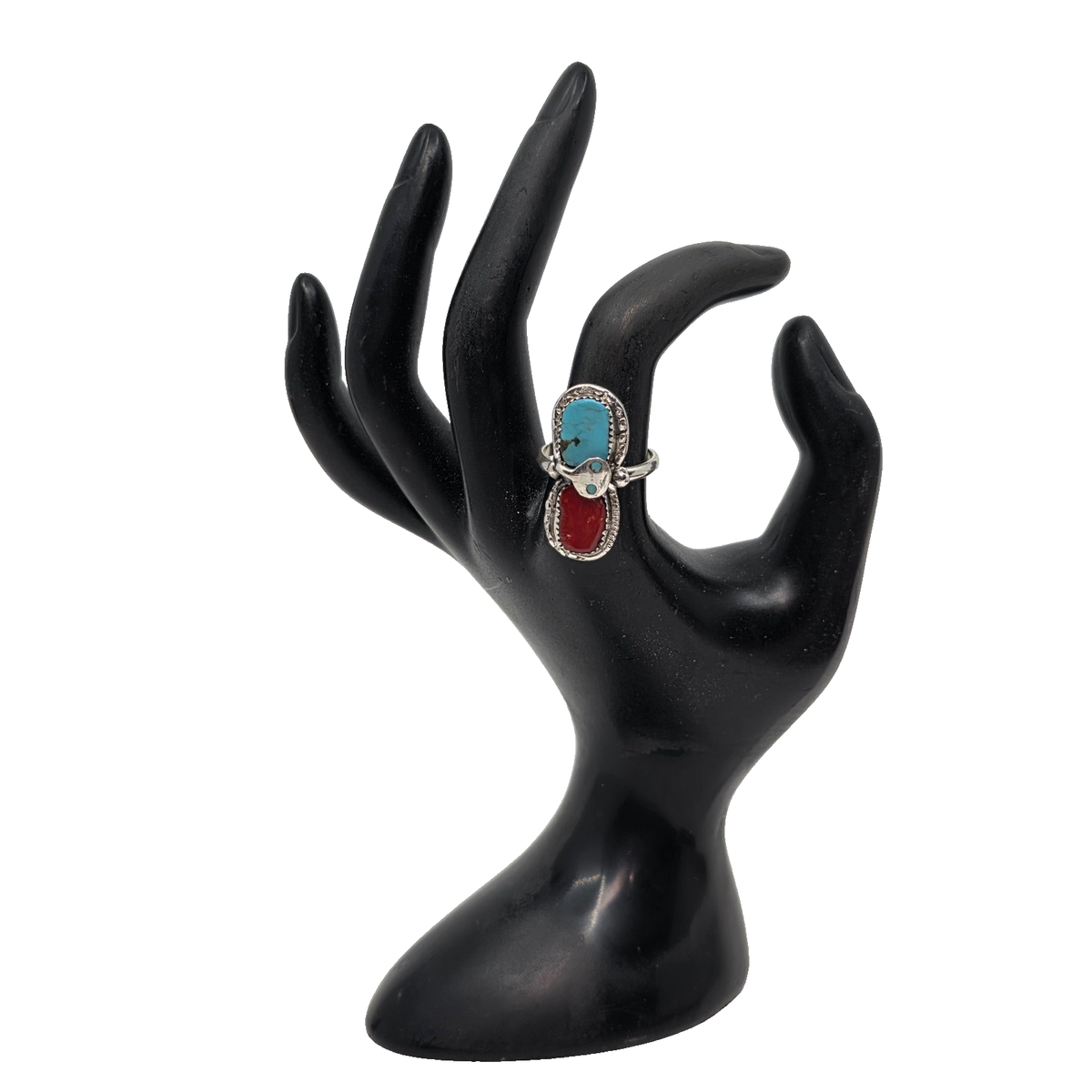 Zuni Effie Calavaza Coral & Turquoise Sterling Silver Ring Size 8