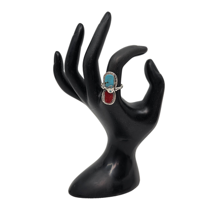 Zuni Effie Calavaza Coral & Turquoise Sterling Silver Ring Size 8