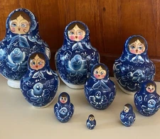 Vintage Russian Babushka Nesting Dolls Set of 9 White & Blue Sweet !