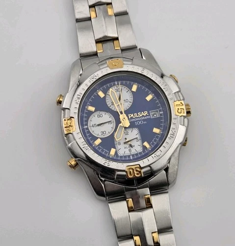 Pulsar by Seiko Vintage Chronograph with Analog Alarm Blue Dial Japan c.1990s
