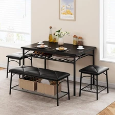 Kitchen Table Set for 4 Dining Table with Bench and 2 Square Stools Storage USA