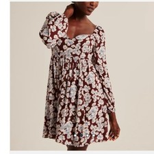 Abercrombie & Fitch Burgundy Floral Long Sleeve Smocked Babydoll Mini Dress L
