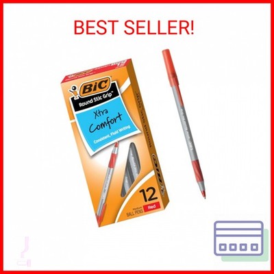BIC Round Stic Grip Xtra Comfort Red Ballpoint Pens, Medium Point (1.2mm), 12-Co
