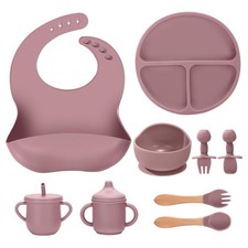 Silicone Baby Feeding Set 9 Pcs, Spill-Proof Suction Plate, Bowl, Bib, Silico...