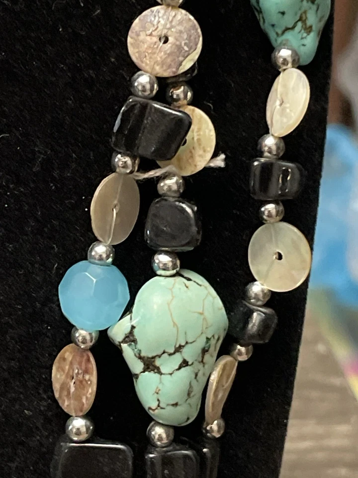 "Collar Boho Multi Hilos Howlite Shell Cuentas Piedra Negra Vidrio Aqua 18-22""" Foto 3 de 4