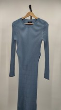 Quince Women Cotton Cashmere Ribbed Long Sleeve Crew Midi Dress Blue L