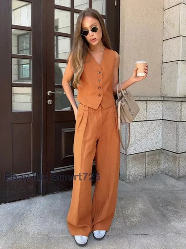 Women's Linen Cotton Vest And Pants Fashionable Summer Suit Two-Piece Set - Picture 3 of 24